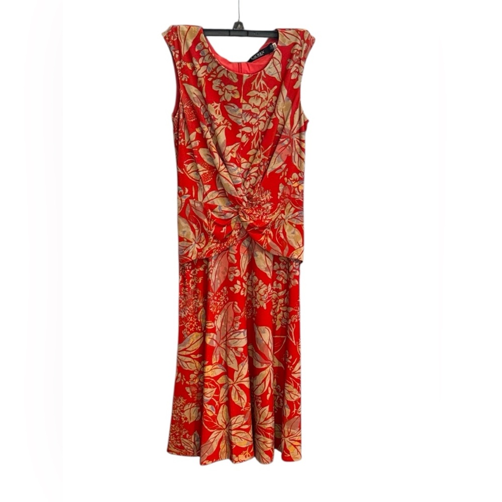 Ralph Lauren Red and Gold Floral Midi Dress only worn once. No wrinkle material.